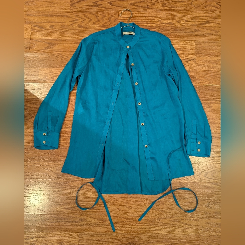 Antheris silk/linen turquoise top sz S